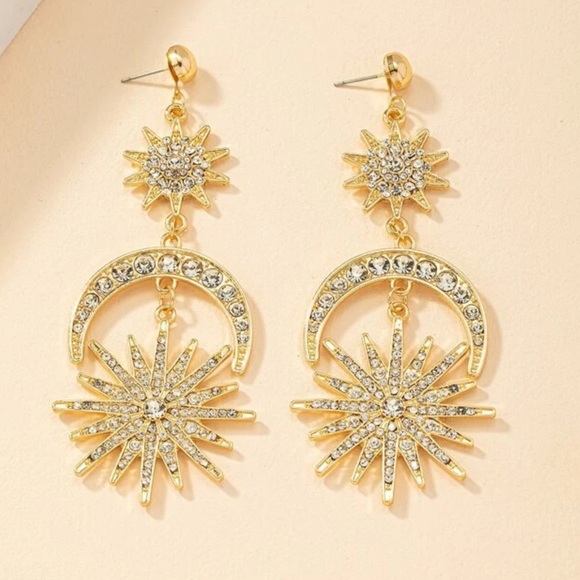 Exaggerated Crescent Moon, Sun & Star Rhinestone Gold Color Celestial Earrings - Picture 2 of 6